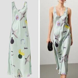 SILK LAUNDRY Scoop Neck Dress Silk Satin Abstract Print Grey Silver Size Medium